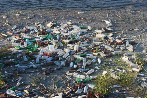Des déchets plastiques flottant sur une rivière © Emilian Robert Vicol