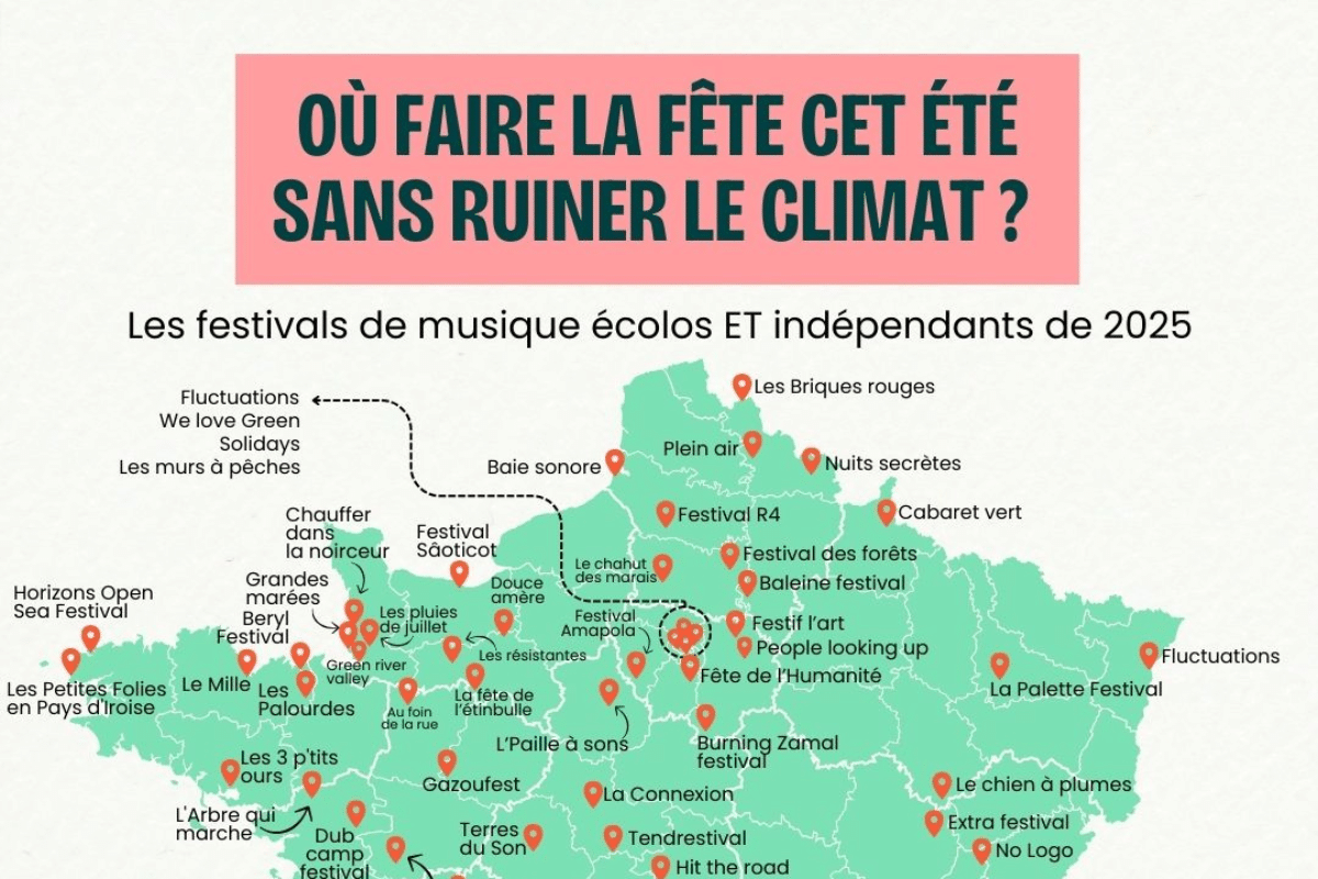La carte de Vert des festivals de musique écolos et indépendants en 2025, image size:1200x800